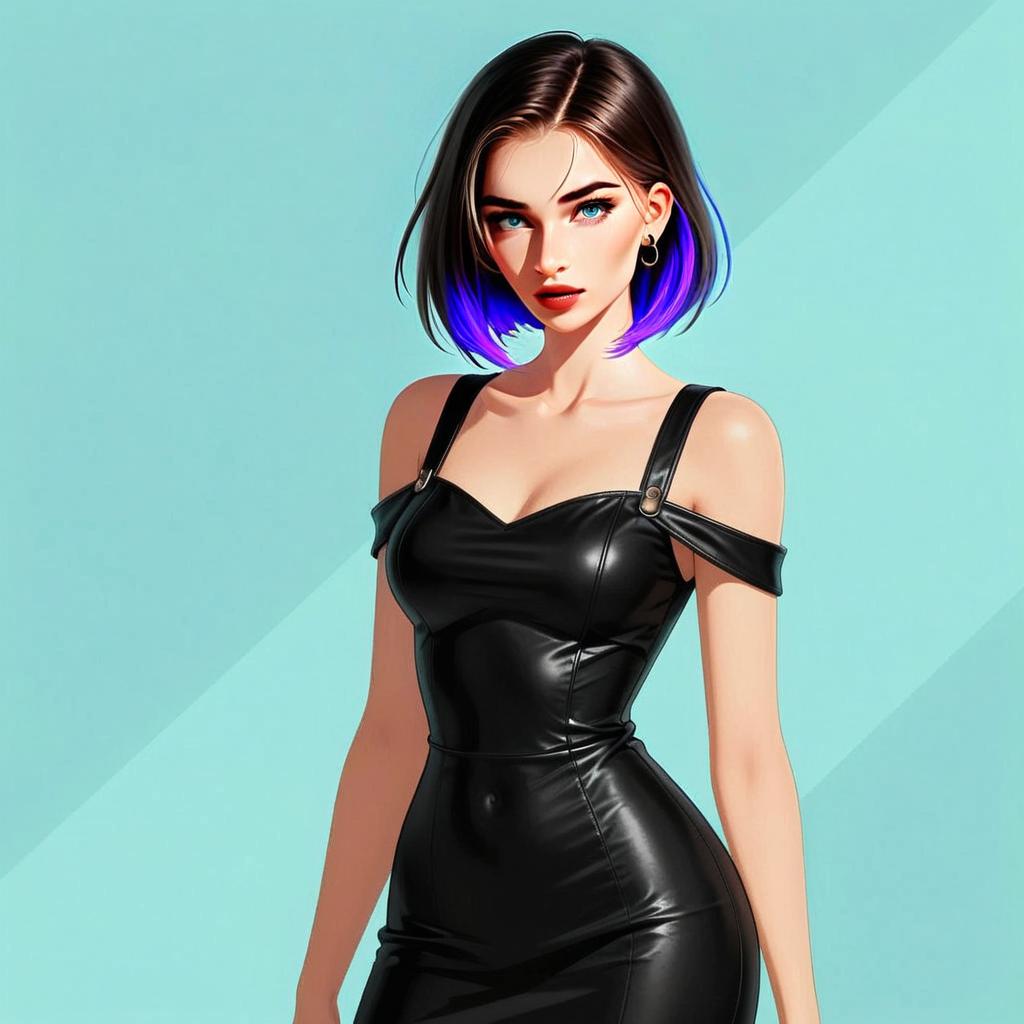 Edgy Young Woman in Black Leather Dress with Purple Hair Tips Digital Art