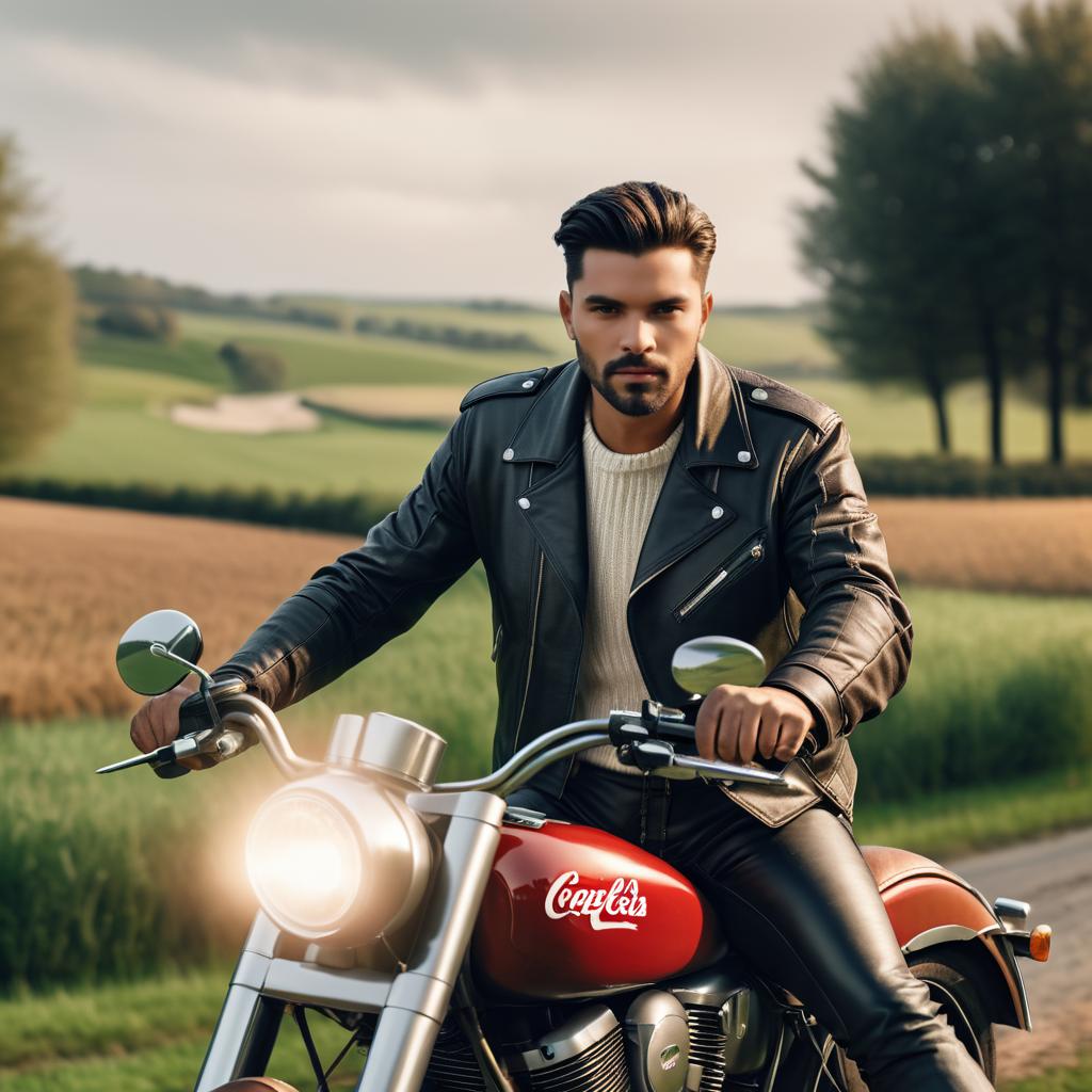 Rugged Man on Classic Motorcycle in Countryside