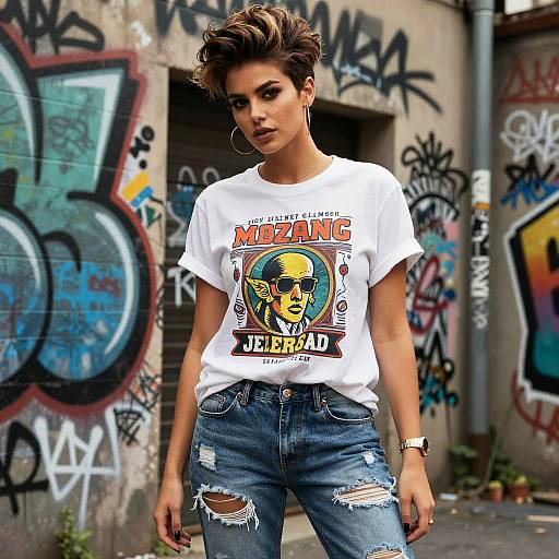 Trendy Young Woman in Graphic Tee and Ripped Jeans with Graffiti Background