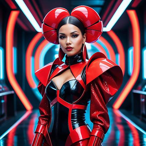 Futuristic Woman in Red and Black Cyberpunk Outfit in Neon Corridor
