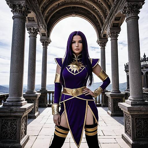 Epic Fantasy Woman in Purple and Gold Armor Cosplay under Stone Archway