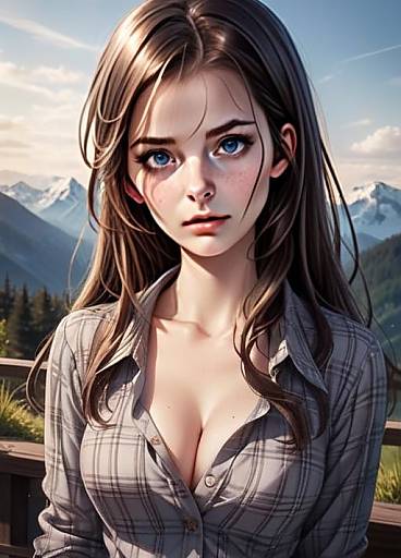Realistic Anime Style Portrait of Young Woman Outdoors with Mountain Landscape