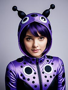 Photorealistic Woman in Purple Miraculous Ladybug Costume Studio Portrait