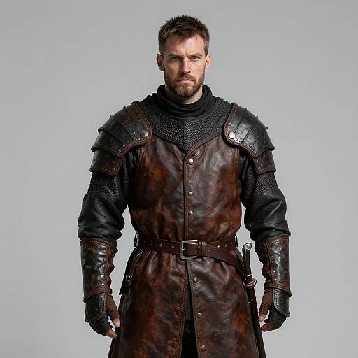Man in Authentic Medieval Leather Armor Standing Confidently