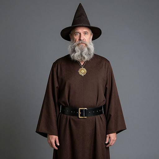 Older Man in Brown Wizard Costume with Long Beard and Hat