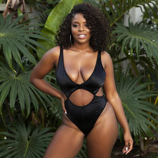 Confident Woman in Black Cut-Out Swimsuit Outdoors with Tropical Foliage