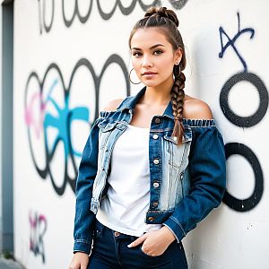 Confident Woman in Denim Jacket Against Graffiti Wall