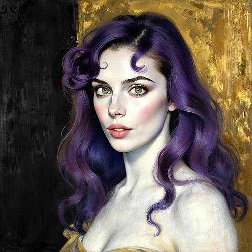 Portrait of a Young Woman with Purple Hair and Green Eyes in Digital Realism Style
