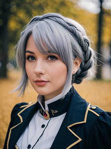 Cosplay Portrait of Woman with Silver Hair in Military-Style Uniform