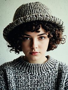 Portrait of Young Woman in Chunky Knit Hat and Sweater