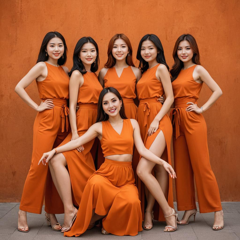 Cheerful Group of Friends in Dark Orange Outfits