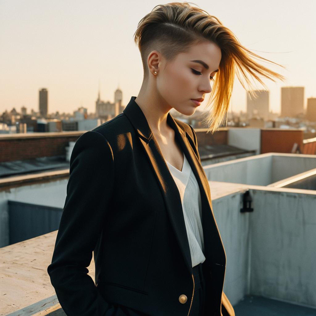 Stylish Woman with Undercut Hairstyle in Black Blazer on Urban Rooftop at Sunset