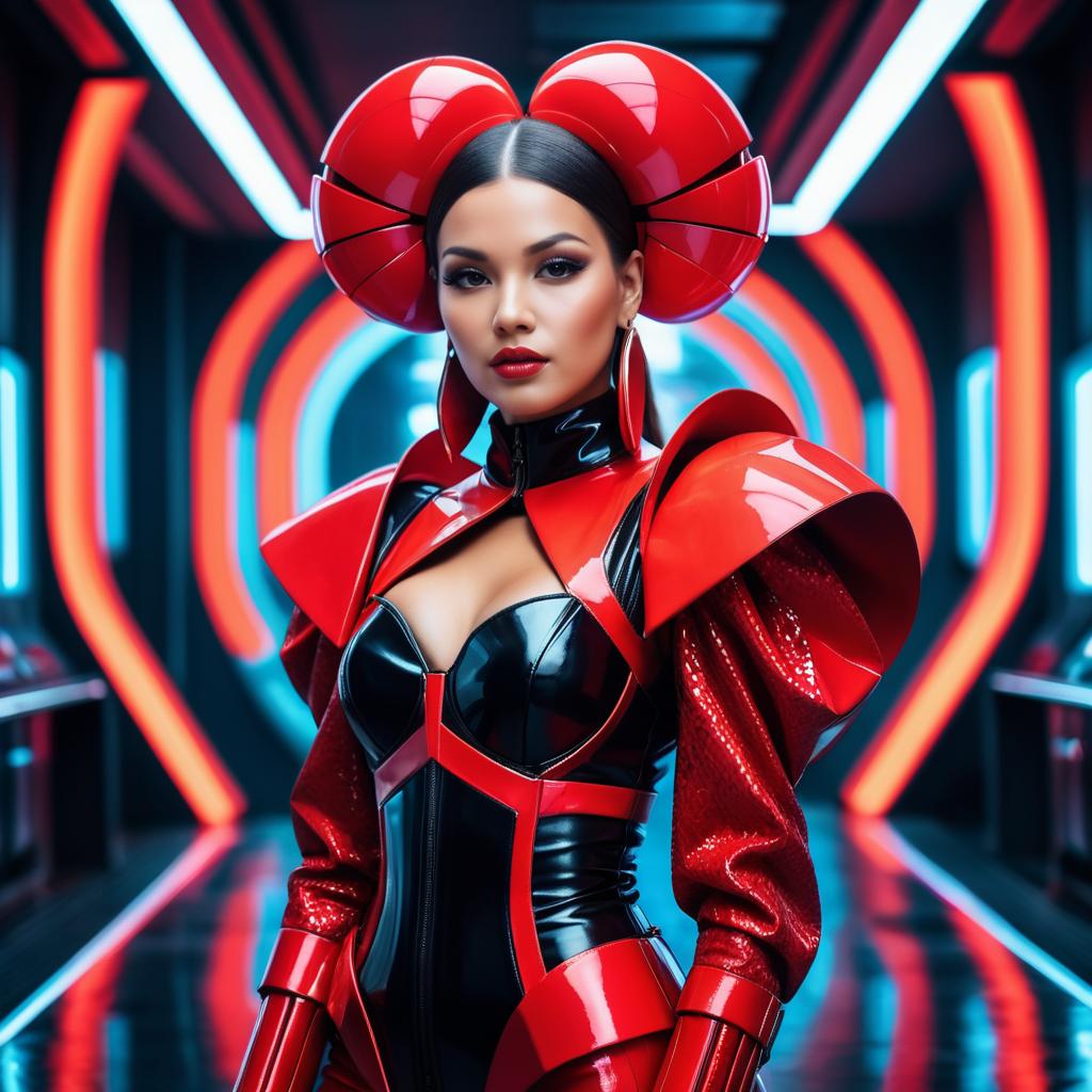 Futuristic Woman in Red and Black Cyberpunk Outfit in Neon Corridor