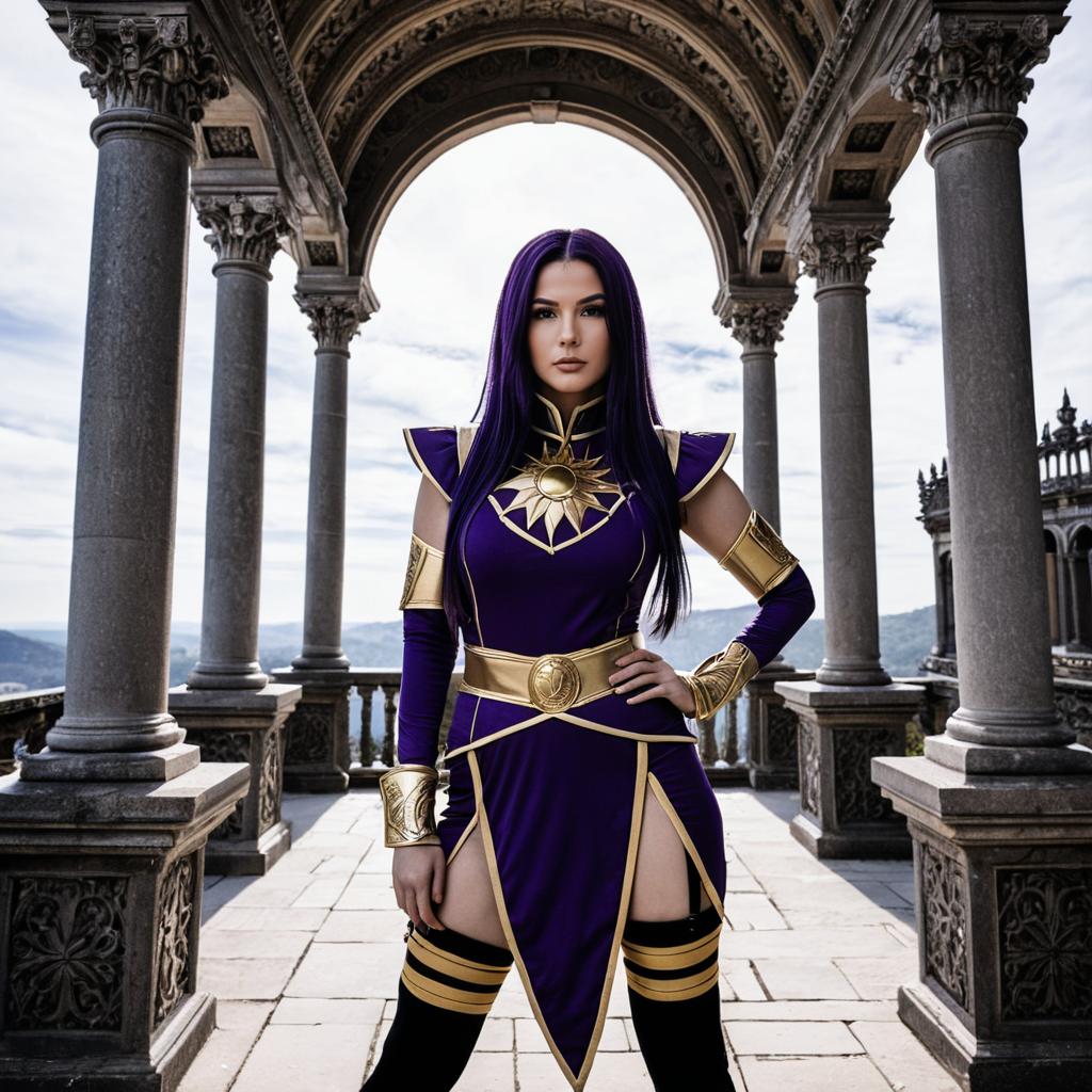 Epic Fantasy Woman in Purple and Gold Armor Cosplay under Stone Archway