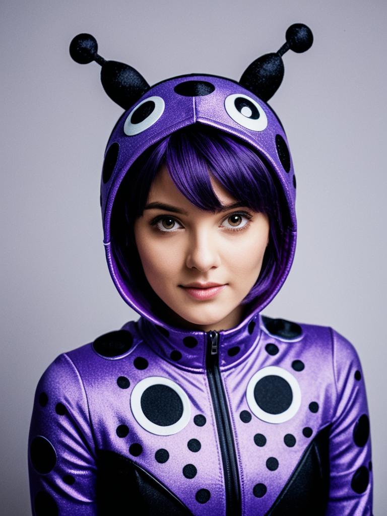 Photorealistic Woman in Purple Miraculous Ladybug Costume Studio Portrait