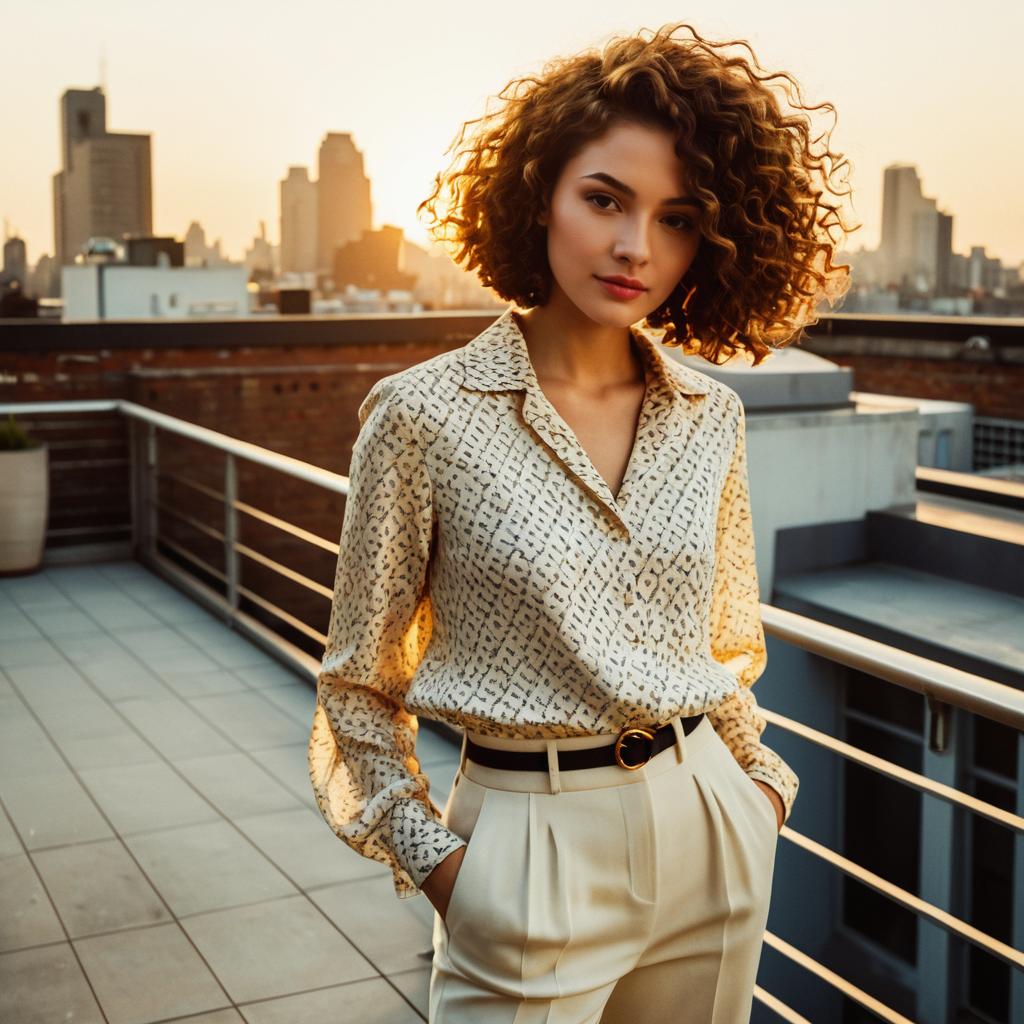 Stylish Woman on Rooftop Terrace at Sunset in Urban Cityscape
