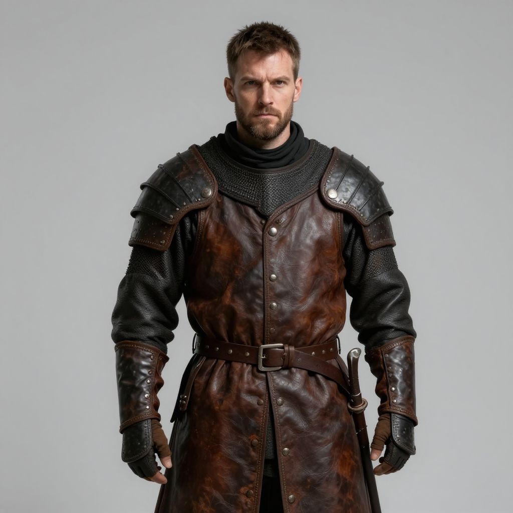 Man in Authentic Medieval Leather Armor Standing Confidently
