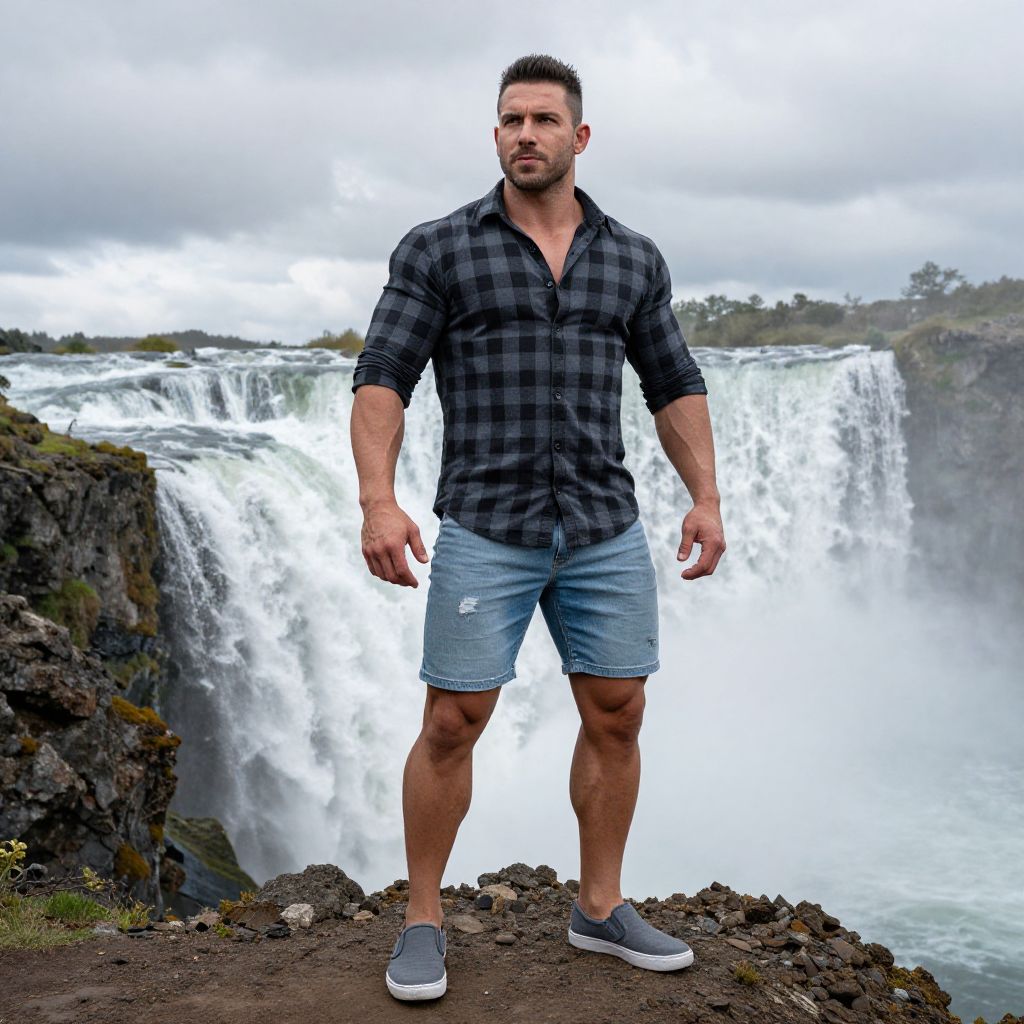 Muscular Man Standing by Waterfall in Casual Outdoor Outfit