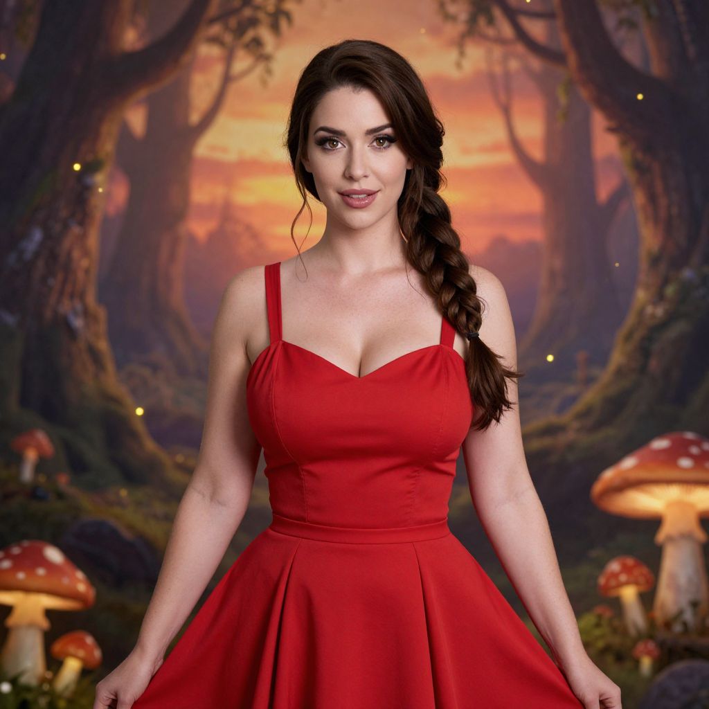 Woman in Red Dress in Enchanting Fantasy Forest with Glowing Mushrooms