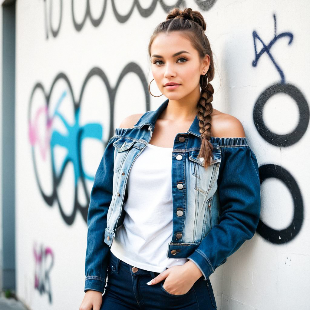 Confident Woman in Denim Jacket Against Graffiti Wall