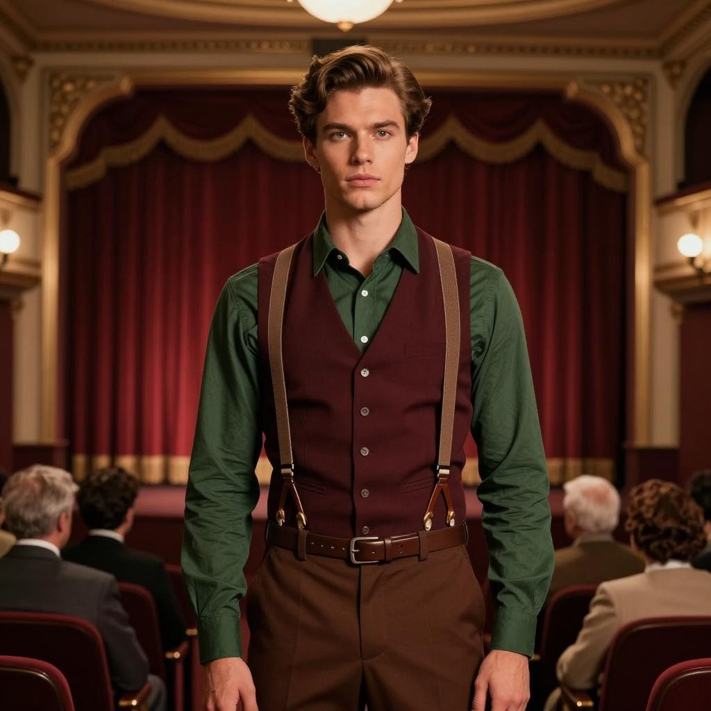 Vintage Style Young Man in Classic Theater with Burgundy Vest and Suspenders