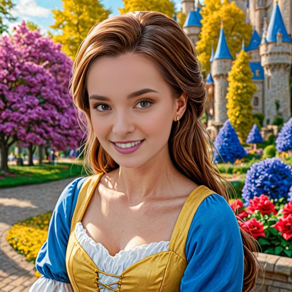 Woman as Belle from Beauty and the Beast with Castle and Flowers