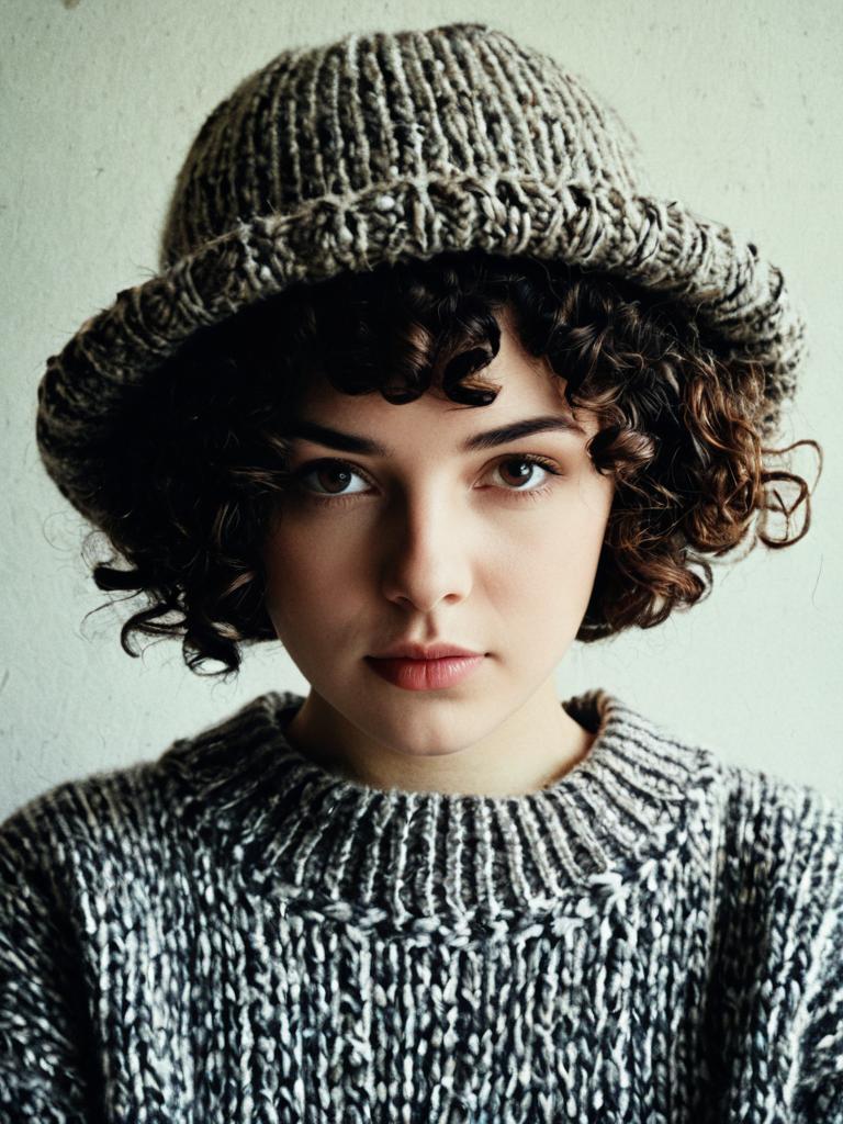 Portrait of Young Woman in Chunky Knit Hat and Sweater