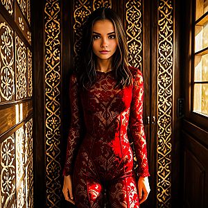 Confident Woman in Elegant Red Lace Dress