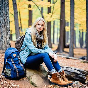 Young Woman in Denim Jacket in Autumn Forest