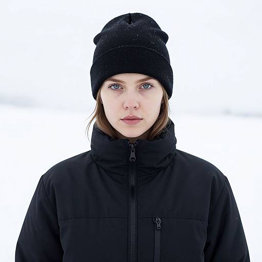 Winter Portrait of Woman in Black Beanie and Jacket in Snow