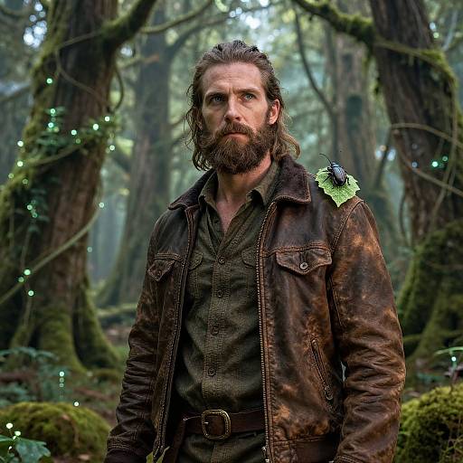 Rugged Man in Leather Jacket with Beetle on Shoulder in Mystical Forest