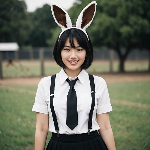 Young Woman Wearing Brown Rabbit Ear Headband with White Shirt and Black Suspenders Outdoors