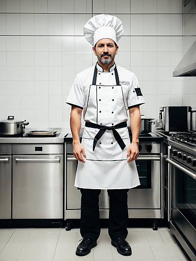 Man in Chef Costume with Apron and Hat in Professional Kitchen