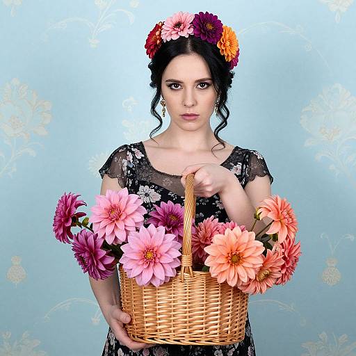 Woman in Black Dress Holding Basket of Colorful Flowers with Floral Crown