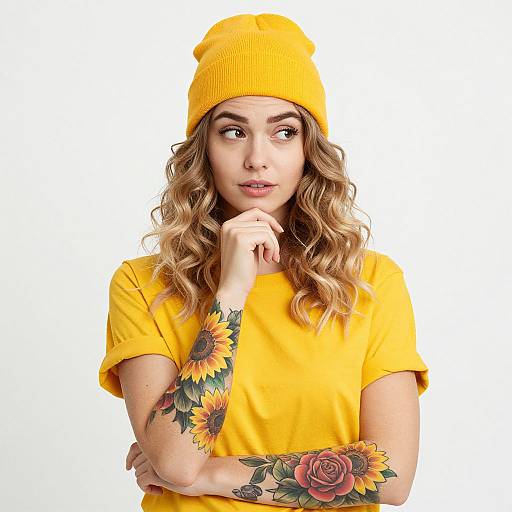 Young Woman in Yellow Beanie and T-shirt with Floral Tattoos