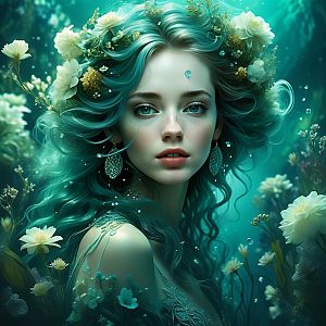 Woman with Teal Hair and Flowers in Underwater Fantasy