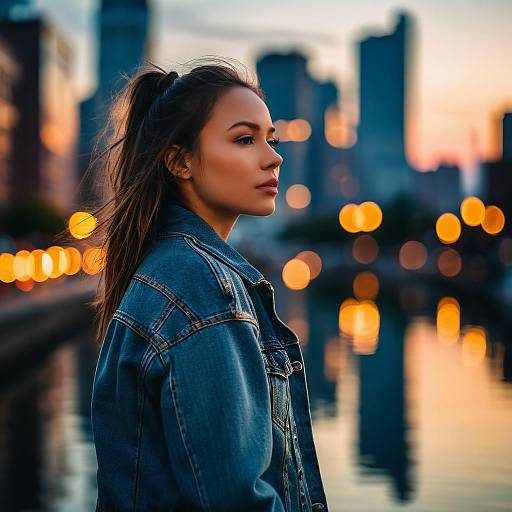 Young Woman in Denim Jacket by Waterfront at Sunset with City Lights