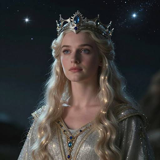 Elegant Blonde Woman Wearing Royal Crown and Shimmering Gown Under Starry Night