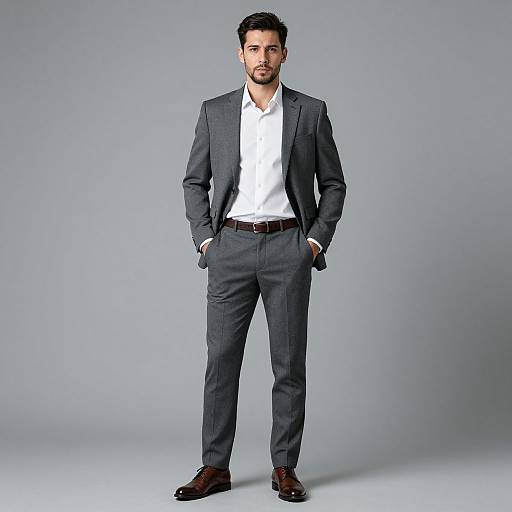 Confident Man in Modern Gray Suit and White Shirt on Gray Background