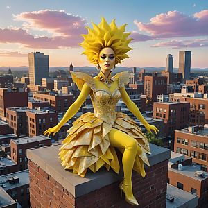Woman in Golden Yellow Gown on Rooftop at Sunset