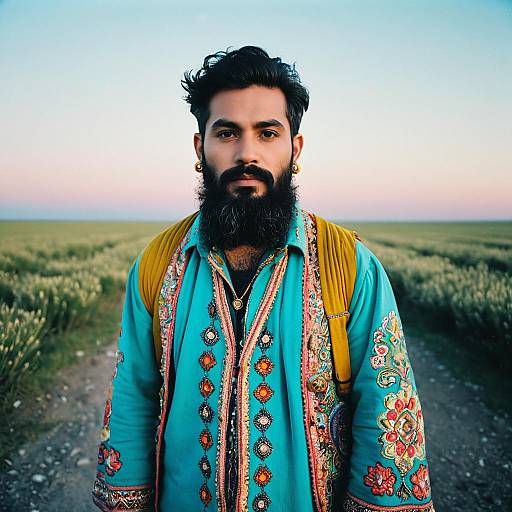 Portrait of Bearded Man in Embroidered Traditional Clothing in Rural Field