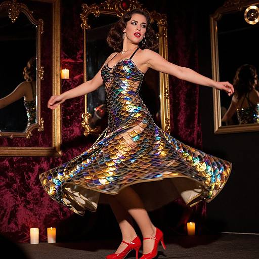 Woman Twirling in Iridescent Mermaid Scale Dress with Retro Glamour
