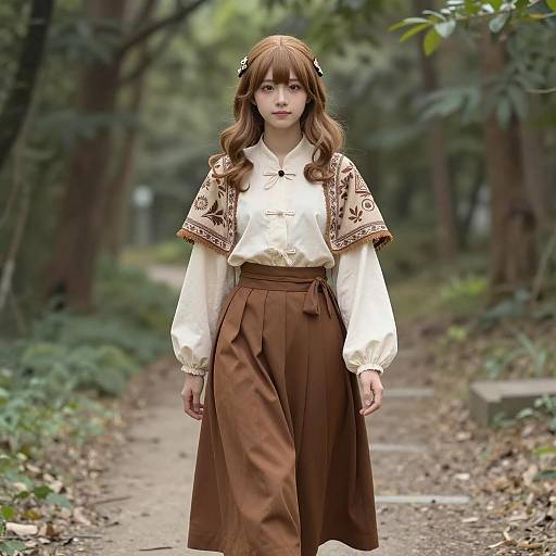Young Woman in Vintage Style Walking on Forest Path