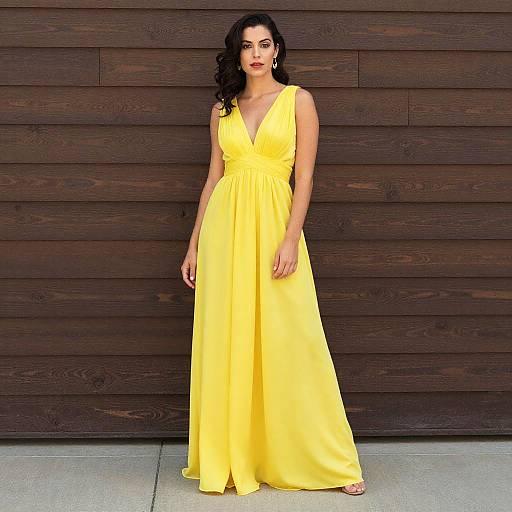 Woman in Yellow Fantasy Dress Standing Against Wooden Wall