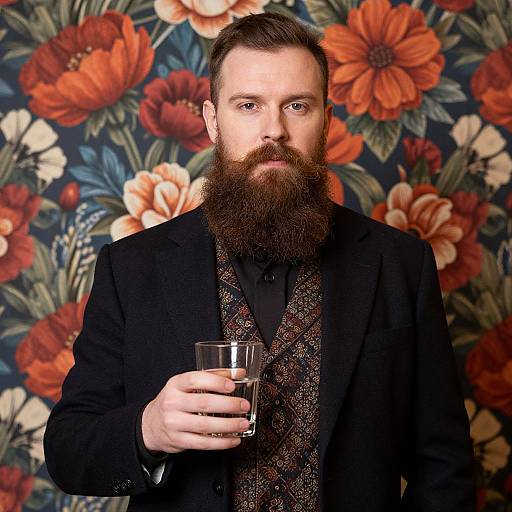 Bearded Man in Stylish Vest Holding Glass of Water Against Floral Wallpaper