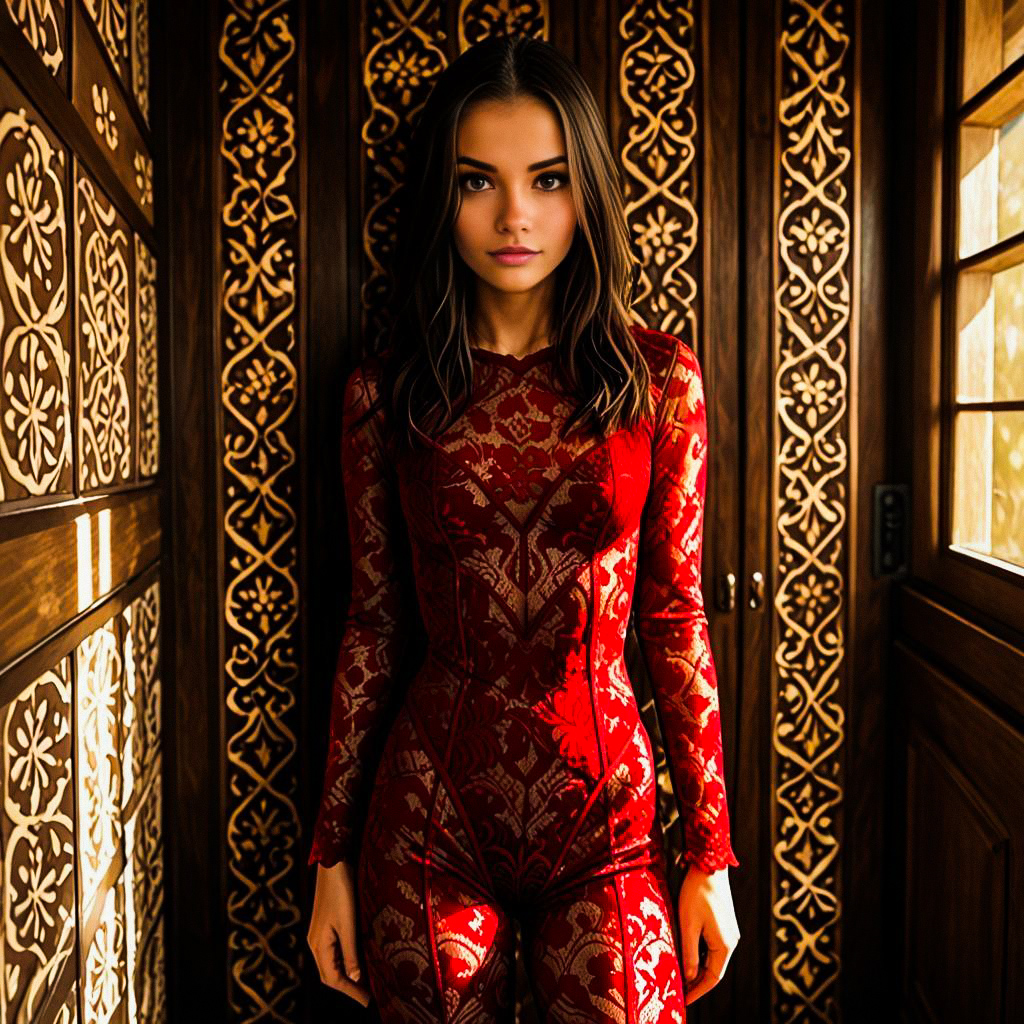 Confident Woman in Elegant Red Lace Dress Confident Woman in Elegant Red Lace Dress
