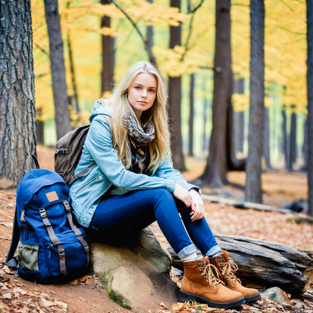 Young Woman in Denim Jacket in Autumn Forest