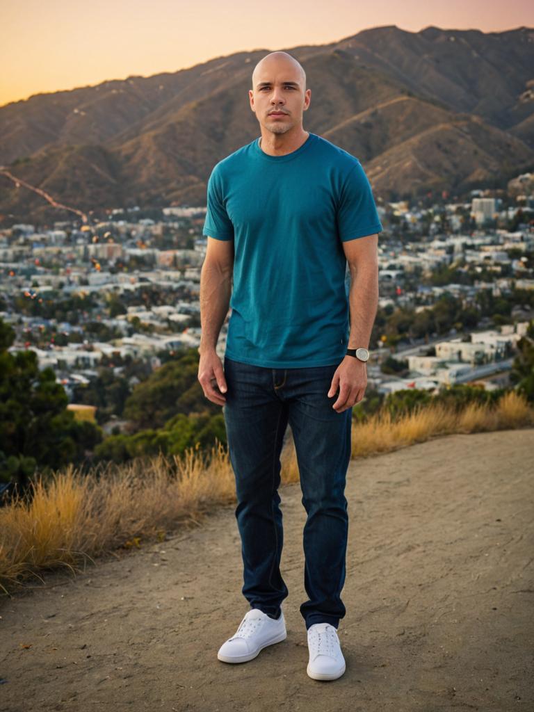 Man on Scenic Overlook with Urban and Mountain View