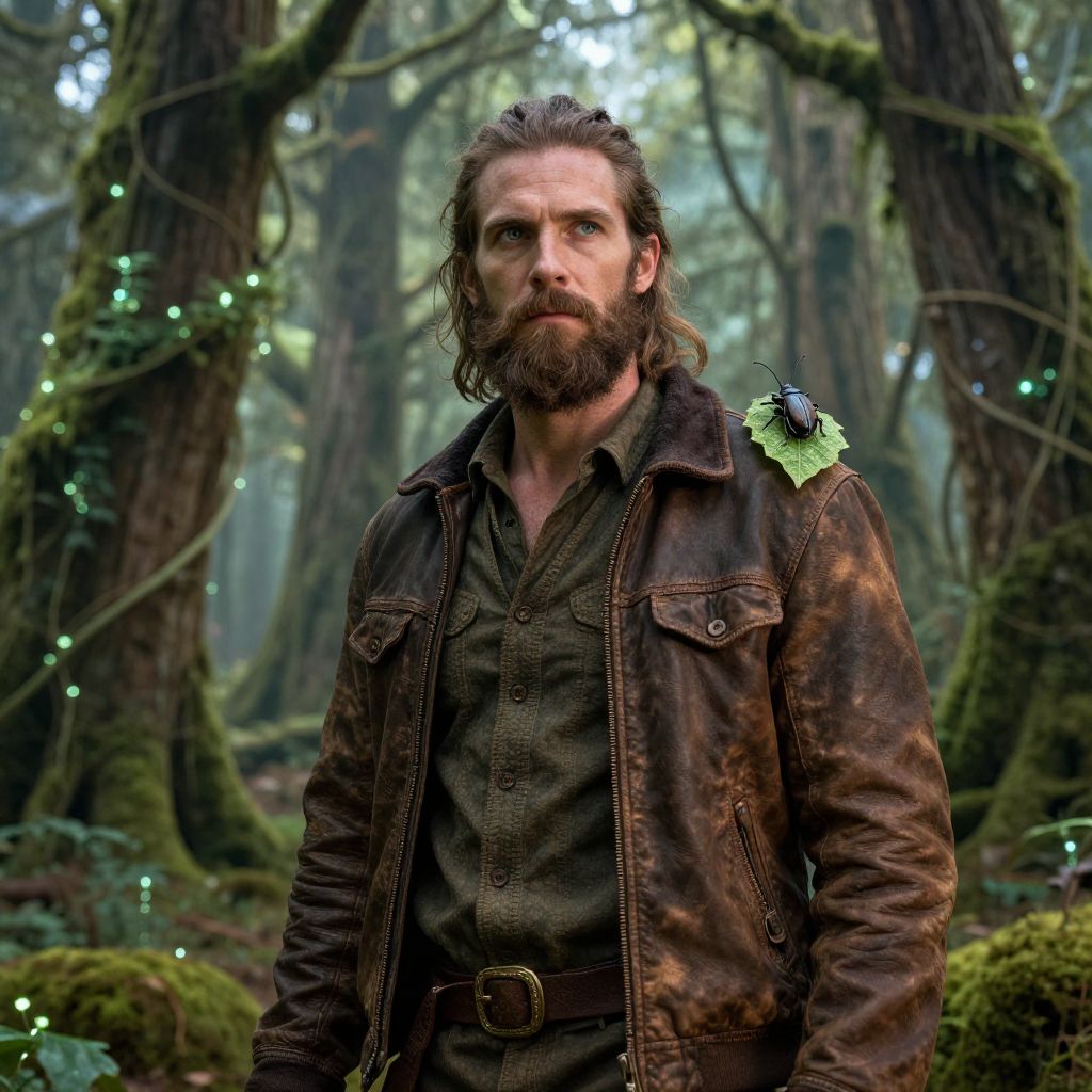 Rugged Man in Leather Jacket with Beetle on Shoulder in Mystical Forest
