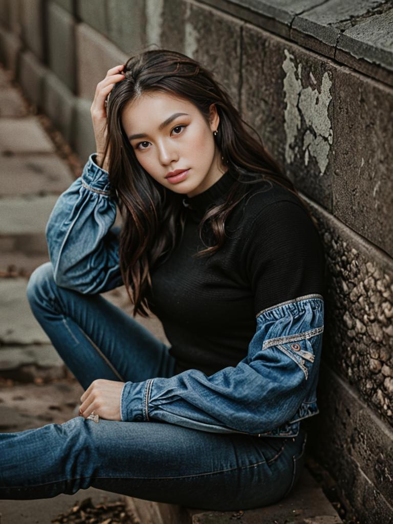 Stylish Woman in Trendy Outfit Against Textured Wall